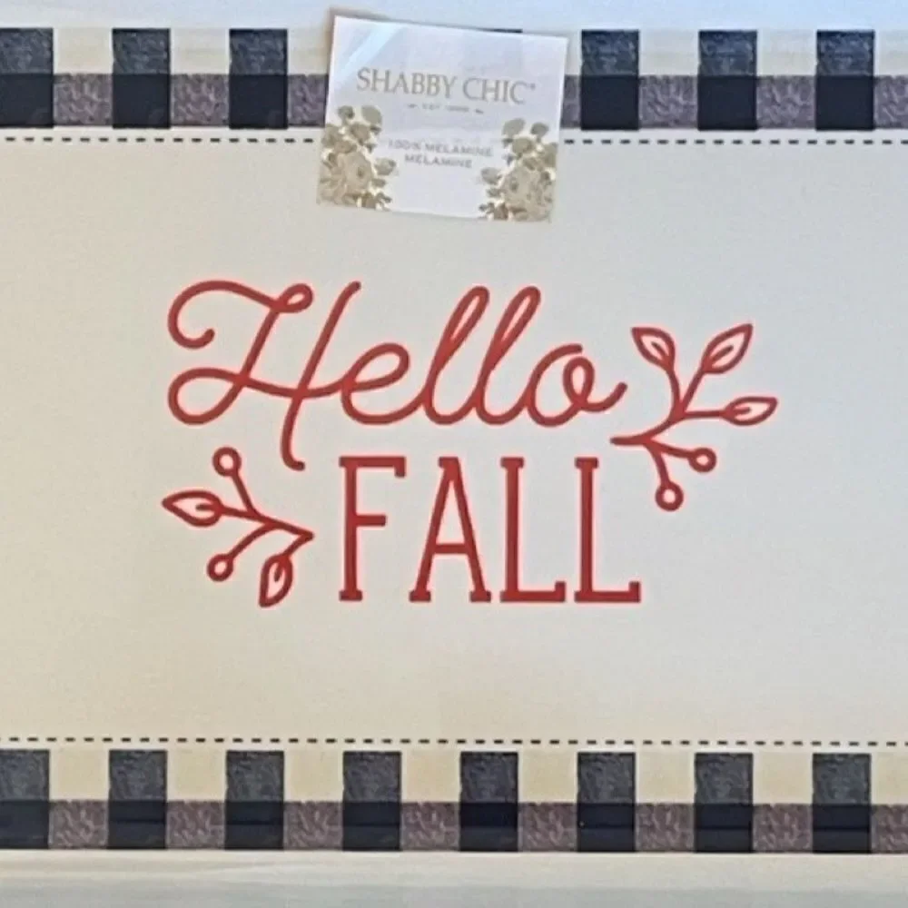 Shabby Chic Fluted Edge Gingham Border Hello Fall Melamine Serving Tray NWT